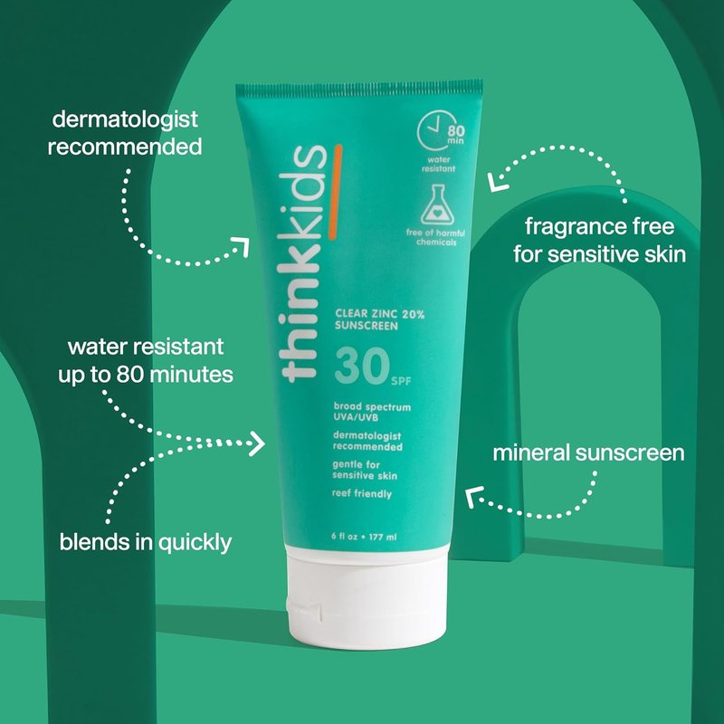 Thinkkids SPF 30 Mineral Sunscreen for Kids - Natural Vegan Clear Zinc Oxide | 6 fl oz, Water Resistant UVA/UVB Protection