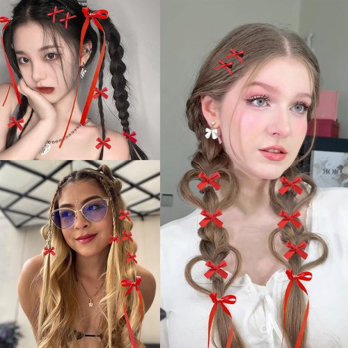 SAOROPEB Mini Hair Bows for Women Girls Cute Hair Clips Small Alligator Long Tail Hair Ribbon Accessories -3 Styles -22P - Red
