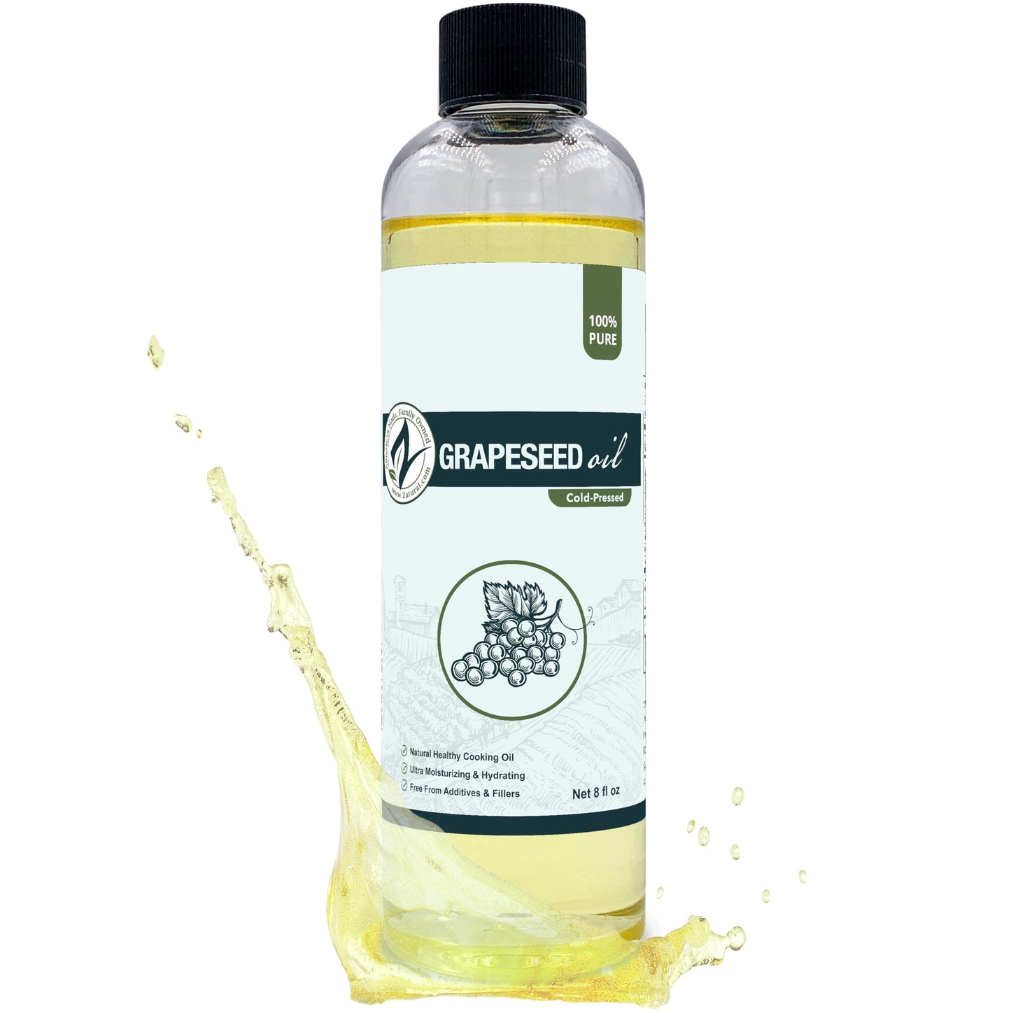 Zatural 100% Pure Cold Pressed Grapeseed Oil – Naturally Grown Virgin, High Smoke Point 450°F+, Non-GMO, Perfect for Cooking Frying Baking, Dressings Marinades & Skincare Hair (8 Fl oz)