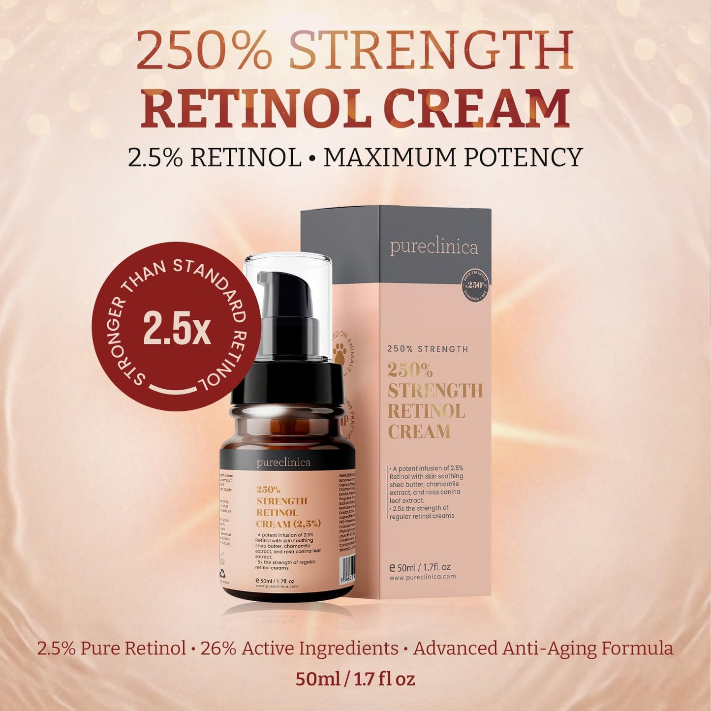 250% Strength Retinol Cream – 50ml/ 1.7 fl. oz. Potent Anti-Aging, with 2.5x Active Ingredients Compared to Competitors (6 Bottles)