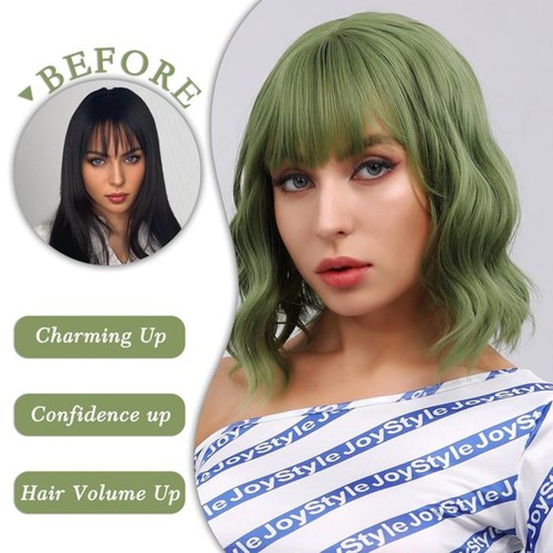 FimTim Short Wavy Bob Wig with Bangs for Women - Green Synthetic Wig for Daily Use