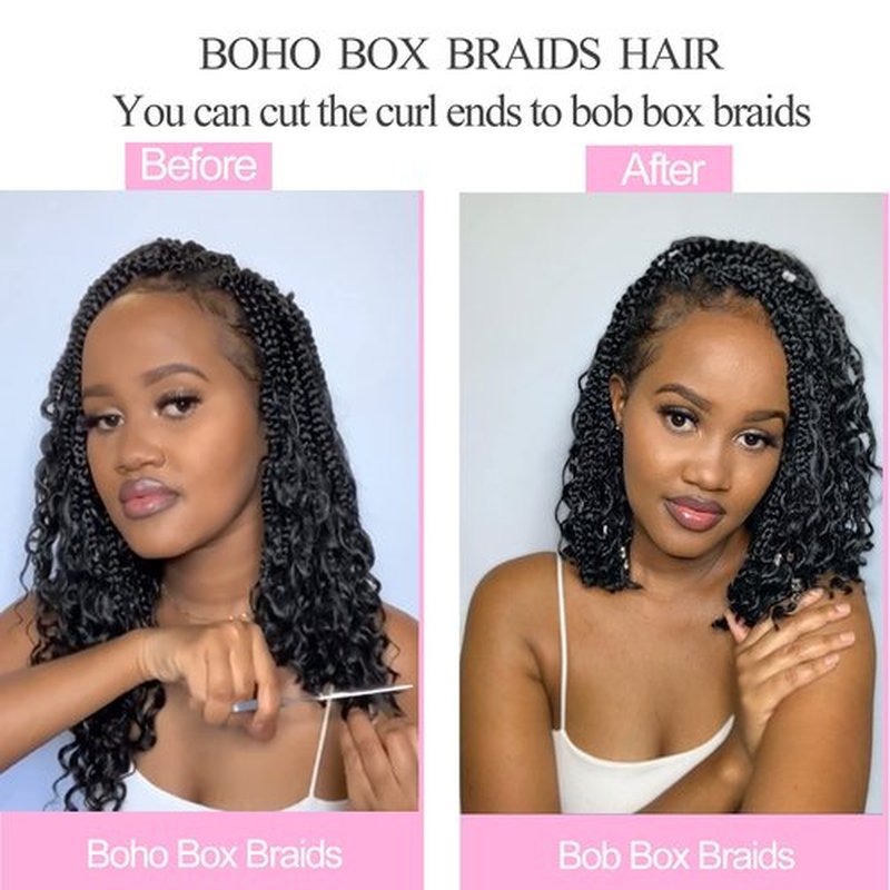 Unionbeauty 8 Packs Boho Box Braids 18 Inch Fluffy Bohemian Hippie Braids Distressed Goddess Box Braids Hair Curly Ends Pre-looped Crochet Hair Synthetic Braiding Hair Extension for Black Woman 1B#