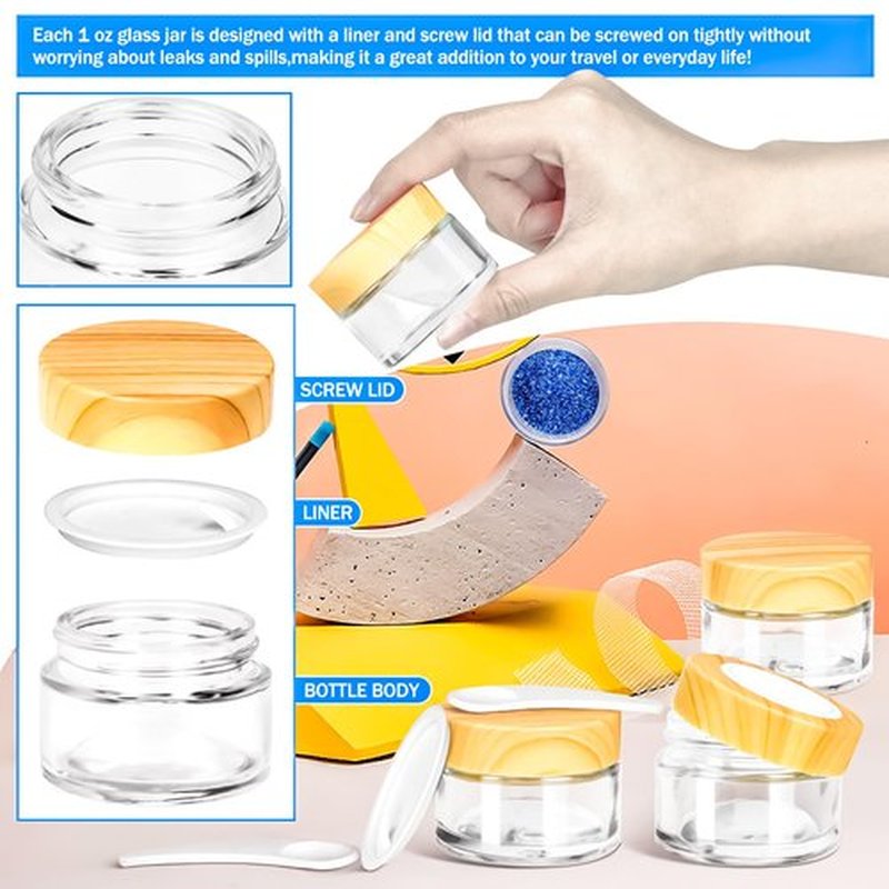MotBach 6 Pack 1oz Glass Jars with Lids 60ml Mini Round Clear Glass Jars with Inner Liners and Spatulas, Travel Size Containers Jars for Toiletries Creams Makeup Cosmetic Sample Lotion (Woodgrain Lid)