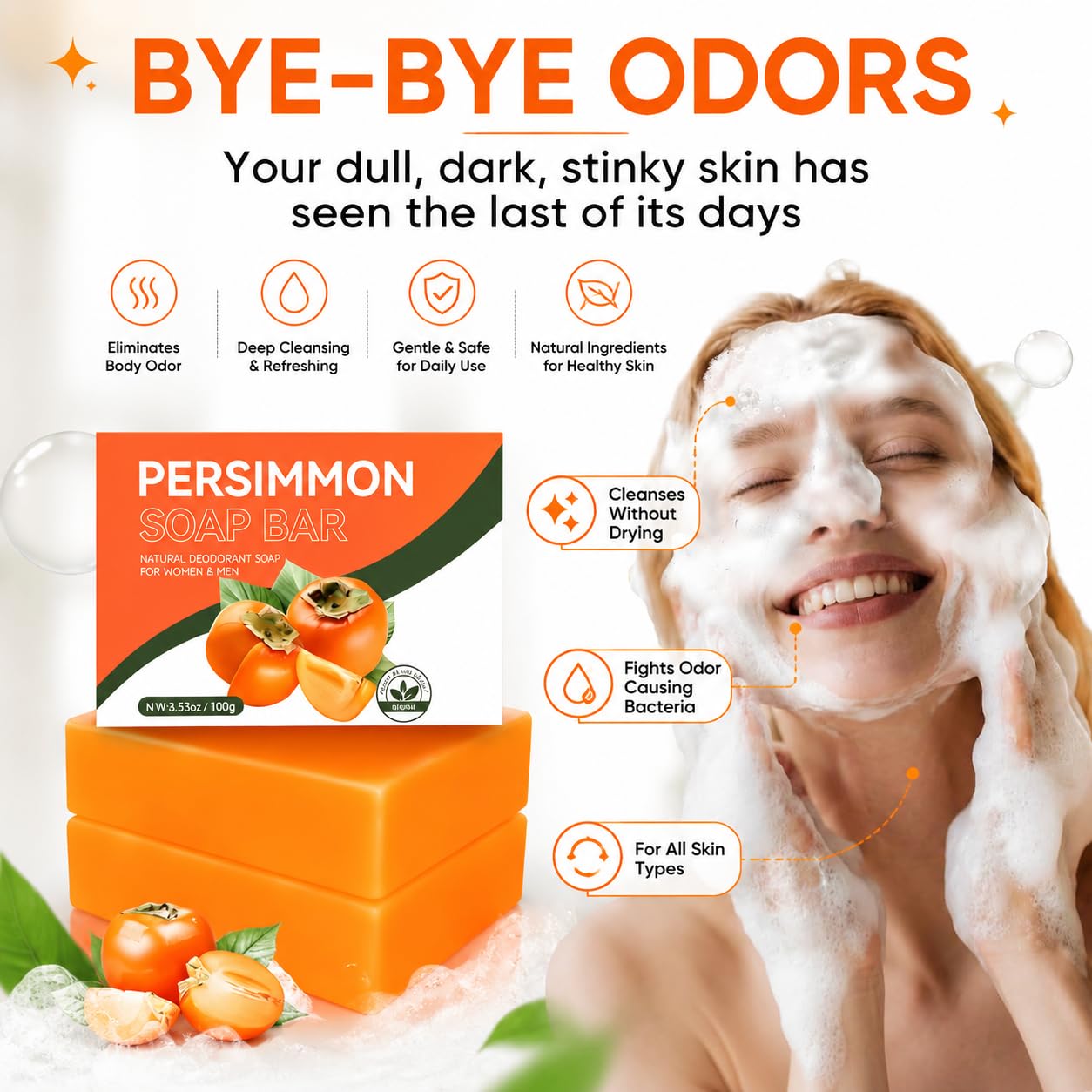 2 PCS Persimmon Soap Bar for Body Odor Control – Natural & Organic Deodorant for Old People Smell. Handmade Bar Soap Removes Strong Odor, Deeply Cleansing & Moisturizing for Women & Men