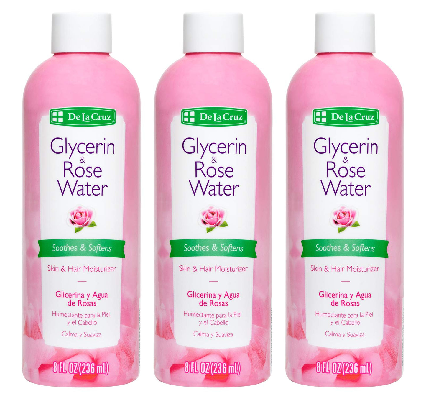 De La Cruz Rose Water and Glycerin for Face - Rosewater Facial Toner and Moisturizer for Skin and Hair 8 fl oz (236 mL) - 3 Bottles
