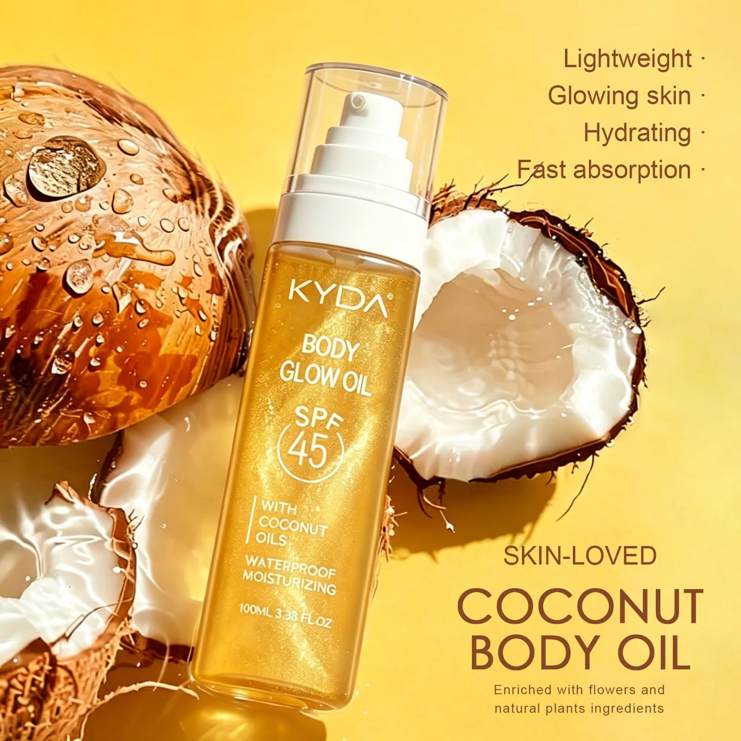 FREEORR SPF 45 Body Glow Oil, Travel Size Sunscreen Oil with Gold Mica, Moisturizing Coconuts Summer Sunscreen, Lightweight Sun-kissed Glow Skin Illuminator, Water Resistant, 3.38 fl oz, GOLD
