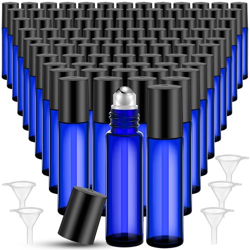 SEEWEY 96 Pcs Essential Oil Roller Bottles 10ml Empty Glass Roller Bottles with Stainless Steel Roller Balls Protection Leakproof with 5 Funnel for Travel Perfume Lip Gloss (Blue)