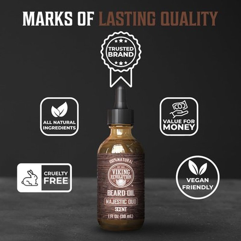 Viking Revolution Majestic Oud Beard Oil for Men - Natural Mens Beard Oil with Argan Oil and Jojoba Oil - Beard Softener, Strengthens and Moisturizes - Beard Conditioner for Men (Majestic Oud,1 Pack)