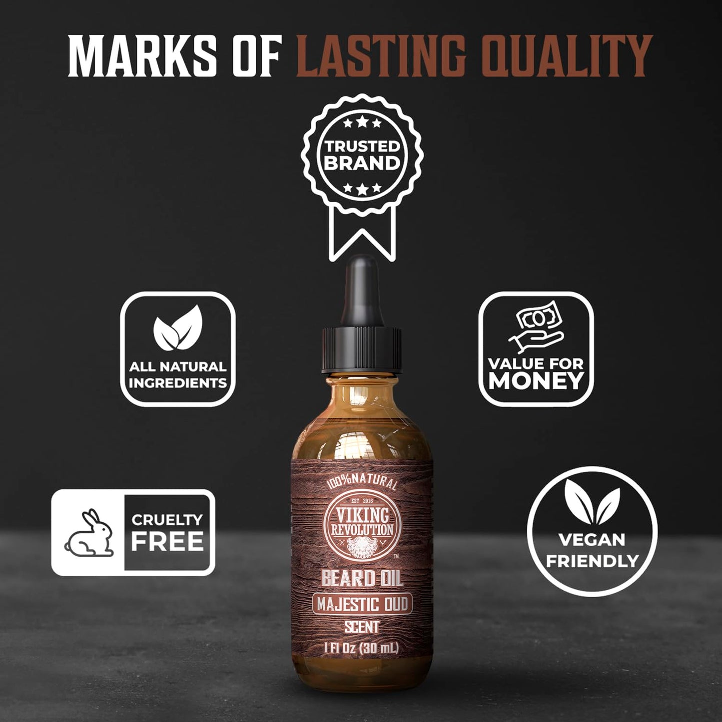Viking Revolution Majestic Oud Beard Oil for Men - Natural Mens Beard Oil with Argan Oil and Jojoba Oil - Beard Softener, Strengthens and Moisturizes - Beard Conditioner for Men (Majestic Oud,1 Pack)
