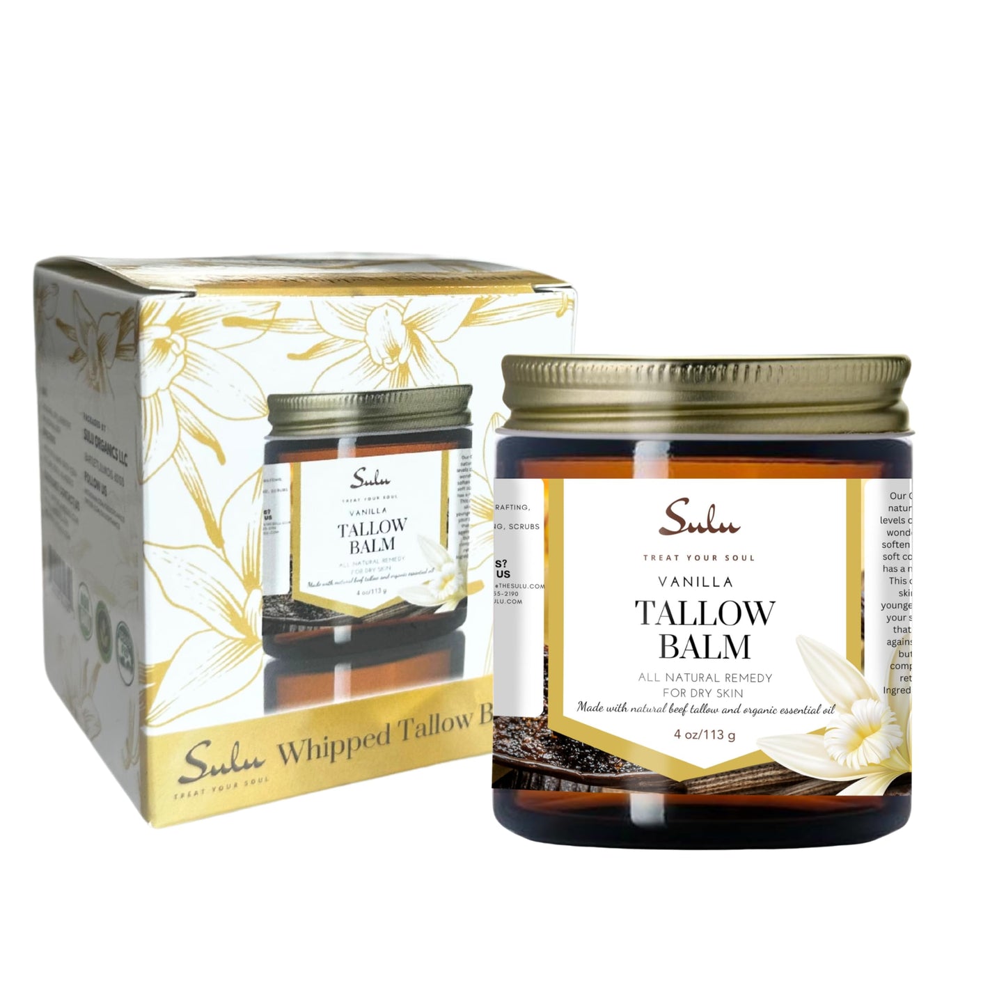 SULU ORGANICS Natural Whipped Tallow Balm for Face and Body, Natural Moisturizer made with Grassfed Beef Tallow- 4 oz/113 g (Unscented)