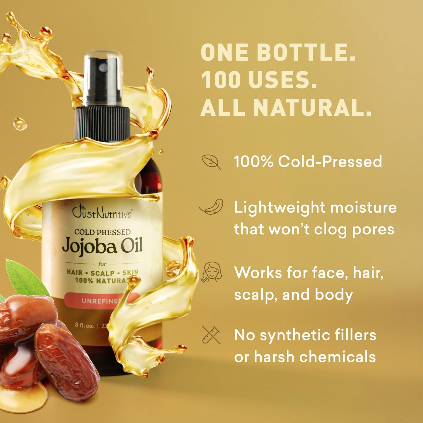 Just Nutritive Cold-Pressed Jojoba Oil – 100% Pure for Face, Hair, Beard & Scalp – Lightweight, Fast-Absorbing Moisturizer for Dry Skin, Acne & Wrinkles – Hexane-Free & Non-Greasy Carrier Oil