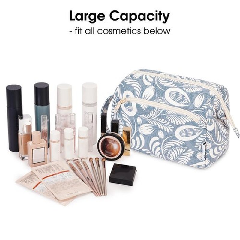 Narwey Large Women Makeup Bag Wide-open Make up Bag Travel Cosmetic Organizer Toiletry Bag for Cosmetics Toiletries Accessories (Blue Leaf)