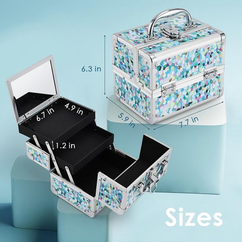 FRENESSA Makeup Train Case Cosmetic Case Organizer Portable Makeup Box 2 Trays with Mirror Makeup Organizer Case for Girls Makeup Supplies, Nail Kits, Crafts Sewing Travel Makeup Case Mosaic Puzzle