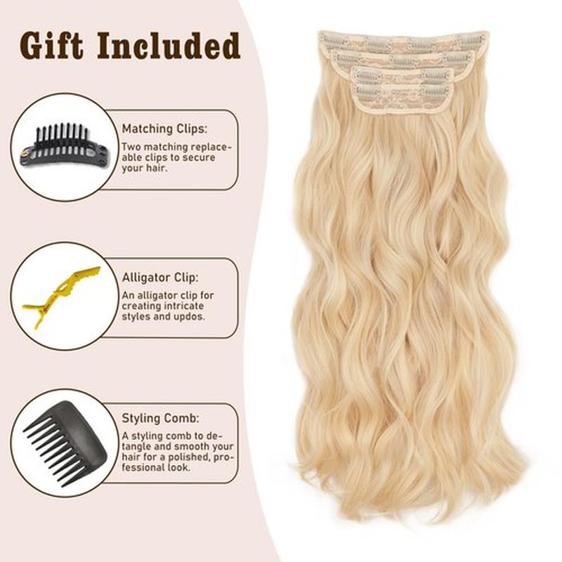 QGZ Clip in Hair Extensions for Women 4 PCS Set of Thick, Synthetic Long Wavy Hair Extension 20 Inch Light Blonde