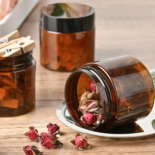 TUZAZO 2 Oz Amber Plastic Cosmetic Jars Leak Proof Small Container with lids for Cream, Lotion, Powder, Ointments, Beauty Products, 12 Pcs