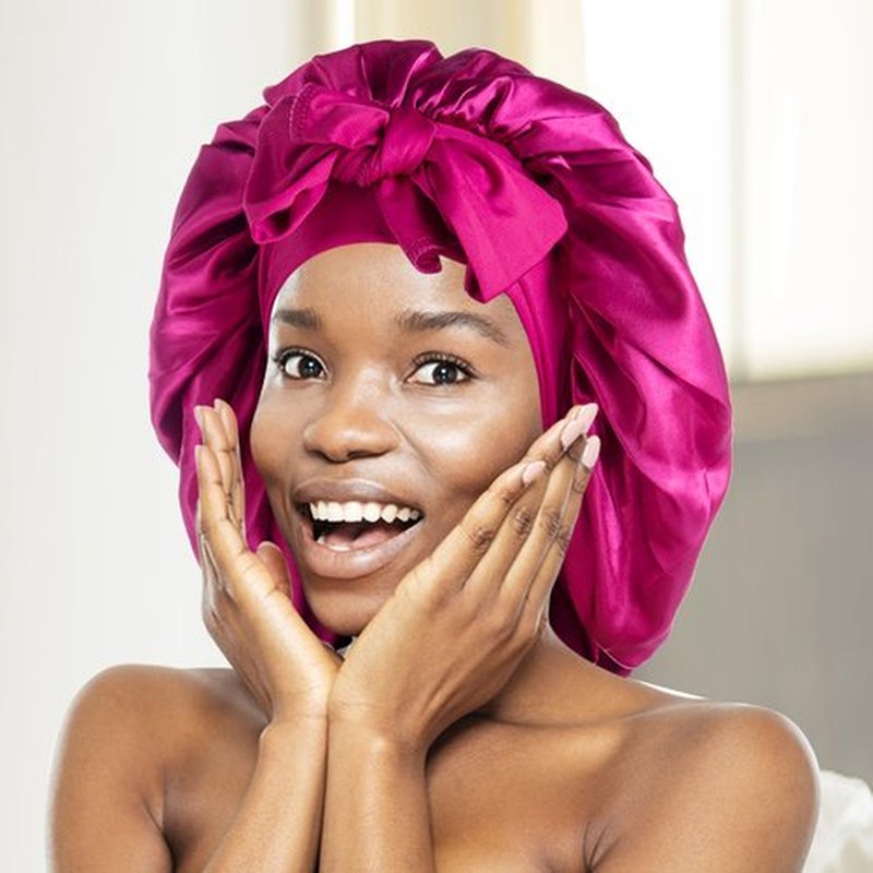 Arqumi Pack of 2 Satin Sleeping Bonnet, Large Satin Sleep Bonnet with Long Strap, Adjustable Sleep Cap Hair Bonnet for Women & Men, Black+Rosy
