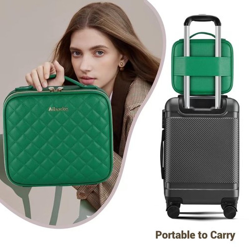 Aiborke Travel Makeup Bag with Led Mirror Makeup Case with Lighted Mirror Cosmetic Organizer bag with Adjustable Dividers and 5X Magnifying Mirror Gift for Women (Green)