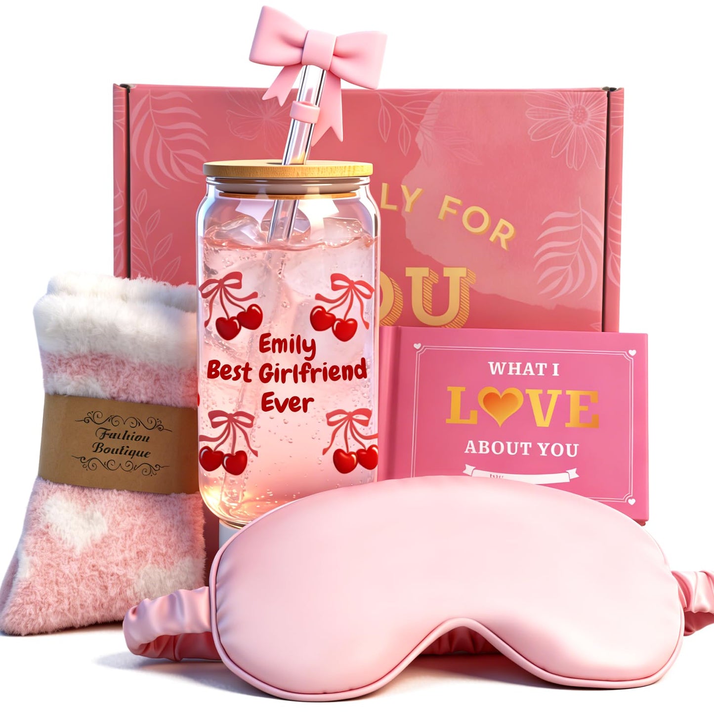 Personalized Valentines Day Gifts Her - Personalized Glass Cup, Satin Eye Mask, Fuzzy Socks & Love Card | Romantic Gift for Girlfriend/Wife (Valentines-DIY)