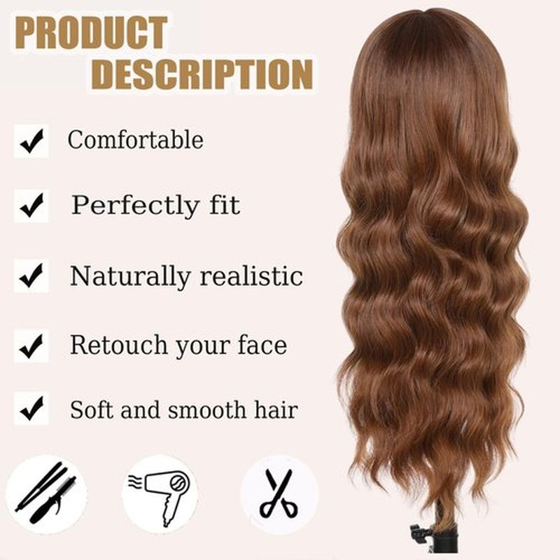 Auburn Wig with Bangs 26 Inches Long Wavy Curly Wig for Women Synthetic Wigs Ombre Auburn Wig with Bangs Long Wavy Wig Hair Dark Root Synthetic Wigs Heat Resistant Fiber Ombre Auburn wigs for women