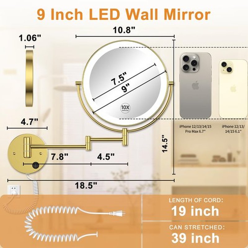Gospire 9” Wall Mounted Lighted Makeup Vanity Mirror with 3 Color Lights & Stepless Dimming, 1X/10X Magnifying LED Double Sided Bathroom Touch Sensor Extendable Arm 360° Swivel Shaving Gold Mirror