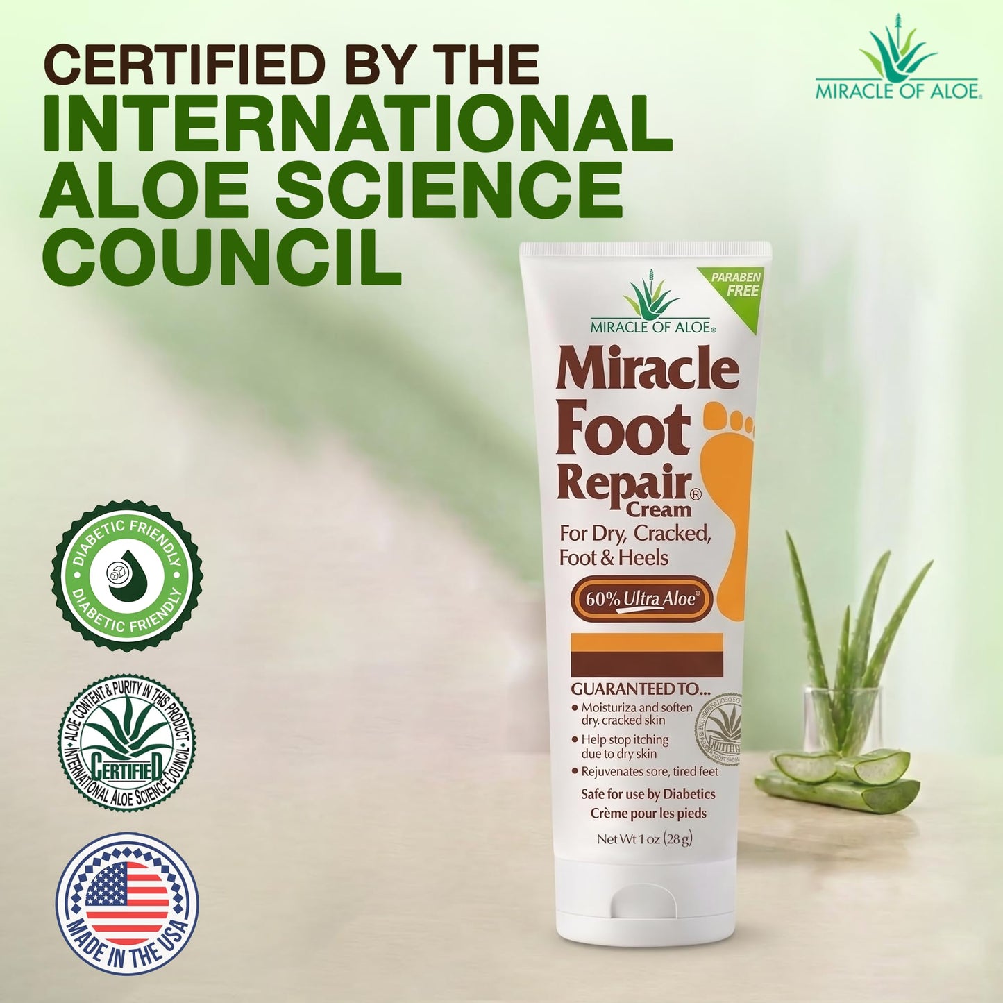 Miracle Foot Repair Cream (8 oz & 1 oz) Repairs Dry Cracked Heels and Feet, 60% Pure UltraAloe Moisturizes, Softens, and Repairs