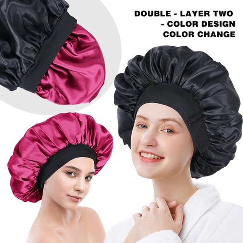 Silk Bonnet for Sleeping Double Layer Satin Bonnet Adjustable Bonnets for Black Women Sleep Cap Reversible Hair Bonnet for Curly Hair (Black and Wine)