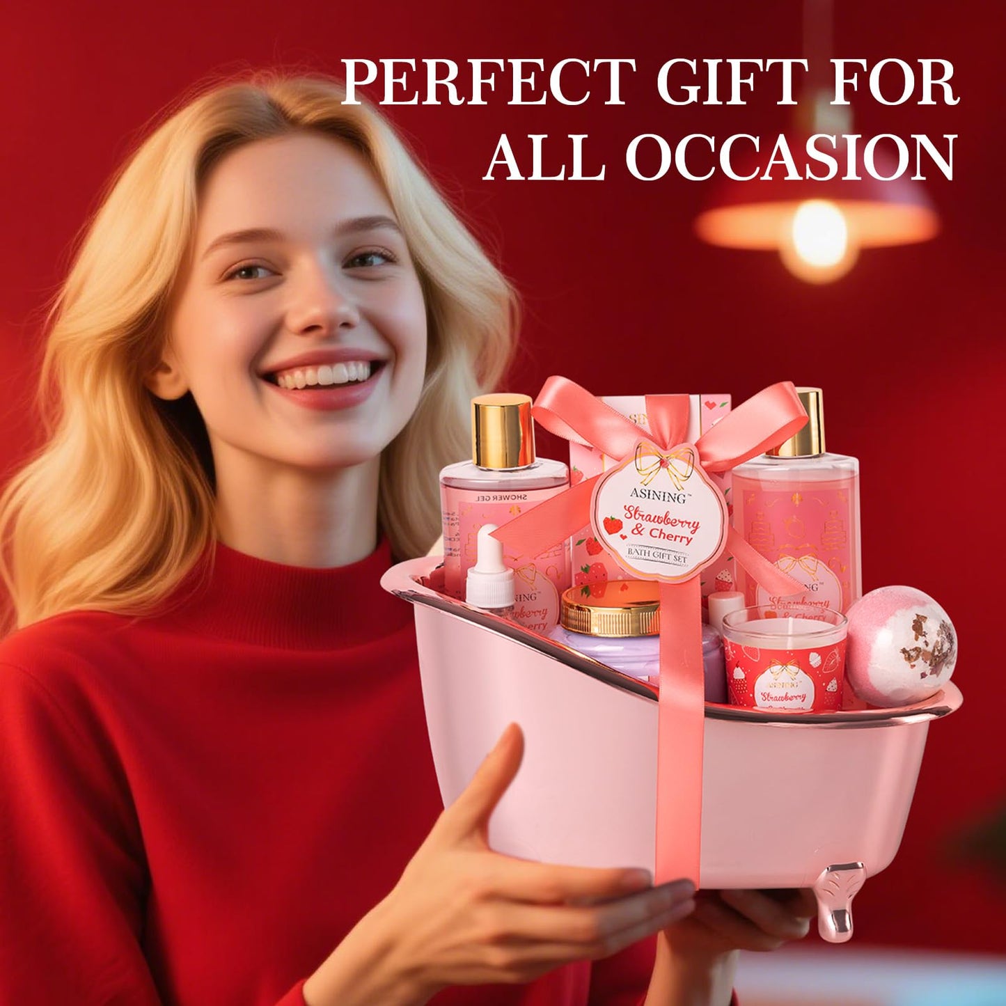 Gift Basket for Women, Strawberry Spa Baskets for Women Gifts, Beauty & Personal Care Set - Home Bath Pampering Package, Spa Self Care Kit, Teacher Appreciation, Thank You, Birthday, Mom Gift