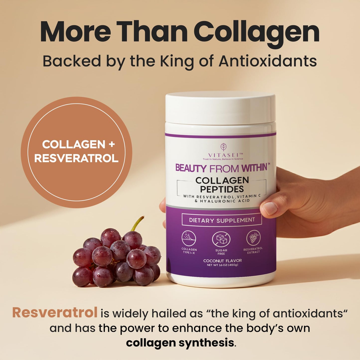 VITASEI Collagen Peptides Powder – Hydrolyzed Collagen with Resveratrol, Vitamin C & Hyaluronic Acid – Hair, Skin, Nails & Joint Support – Coconut Flavor, 16 oz (30 Servings)