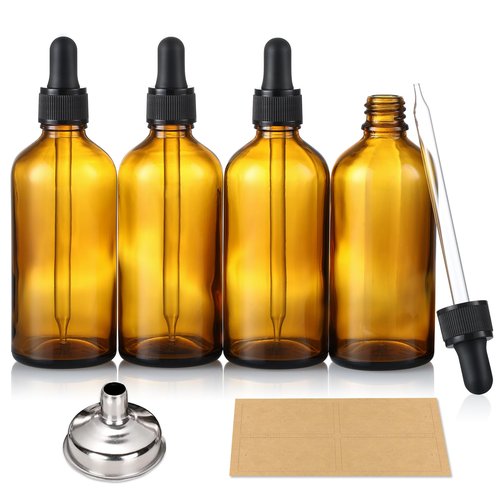 AOZITA 4 Pack, 4oz Amber Glass Dropper Bottles with 1 Funnel & 4 Lables - 120ml Dark Brown Tincture Bottles with Eye Droppers - Leakproof Essential Oil Bottles for Health, Personal Care & Beauty