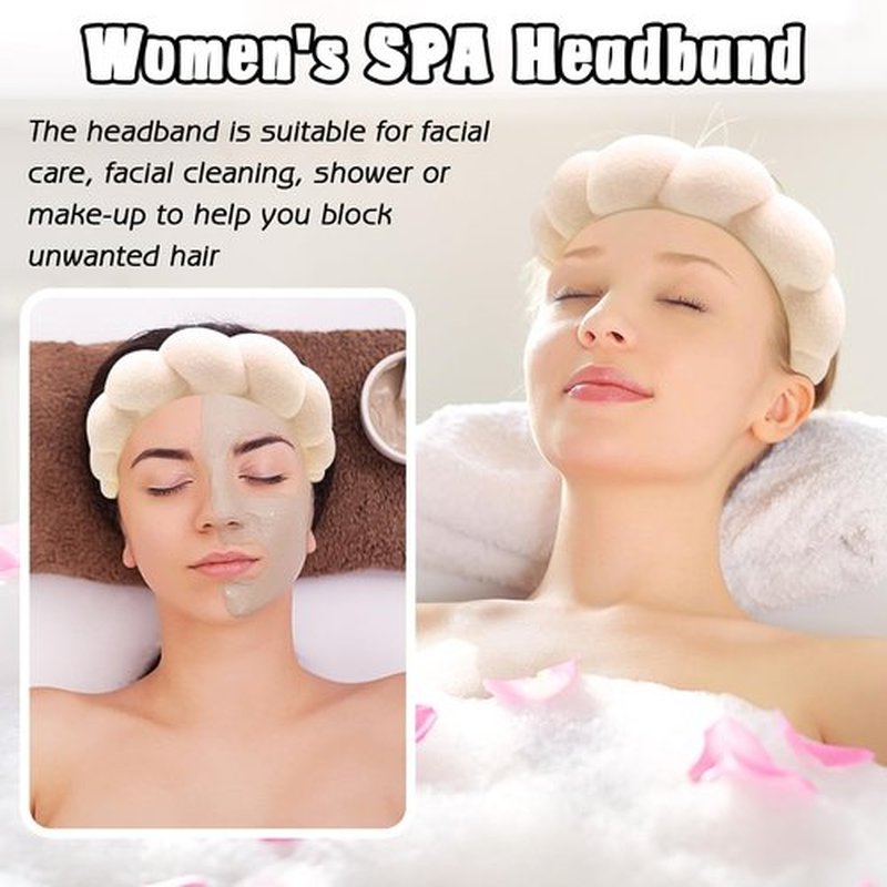 Zkptops Spa Headband for Women Sponge Makeup Skincare Headband Washing Face Wristband Set Terry Cloth Bubble Soft Get Ready Hairband Puffy Padded Headwear Non Slip Thick Hair Accessory (Apricot)