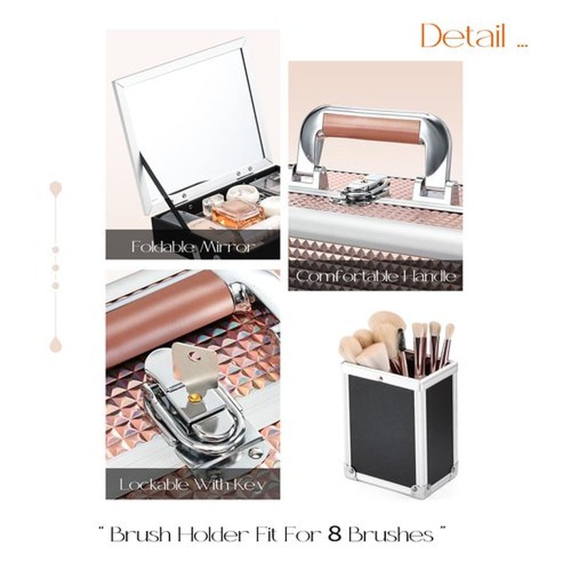 Joligrace Makeup Box 11.6-Inch Cosmetic Train Case for Women Travel Jewelry Organizer with Compartments & Mirror Portable Lockable Make-up Trunk Shiny Style