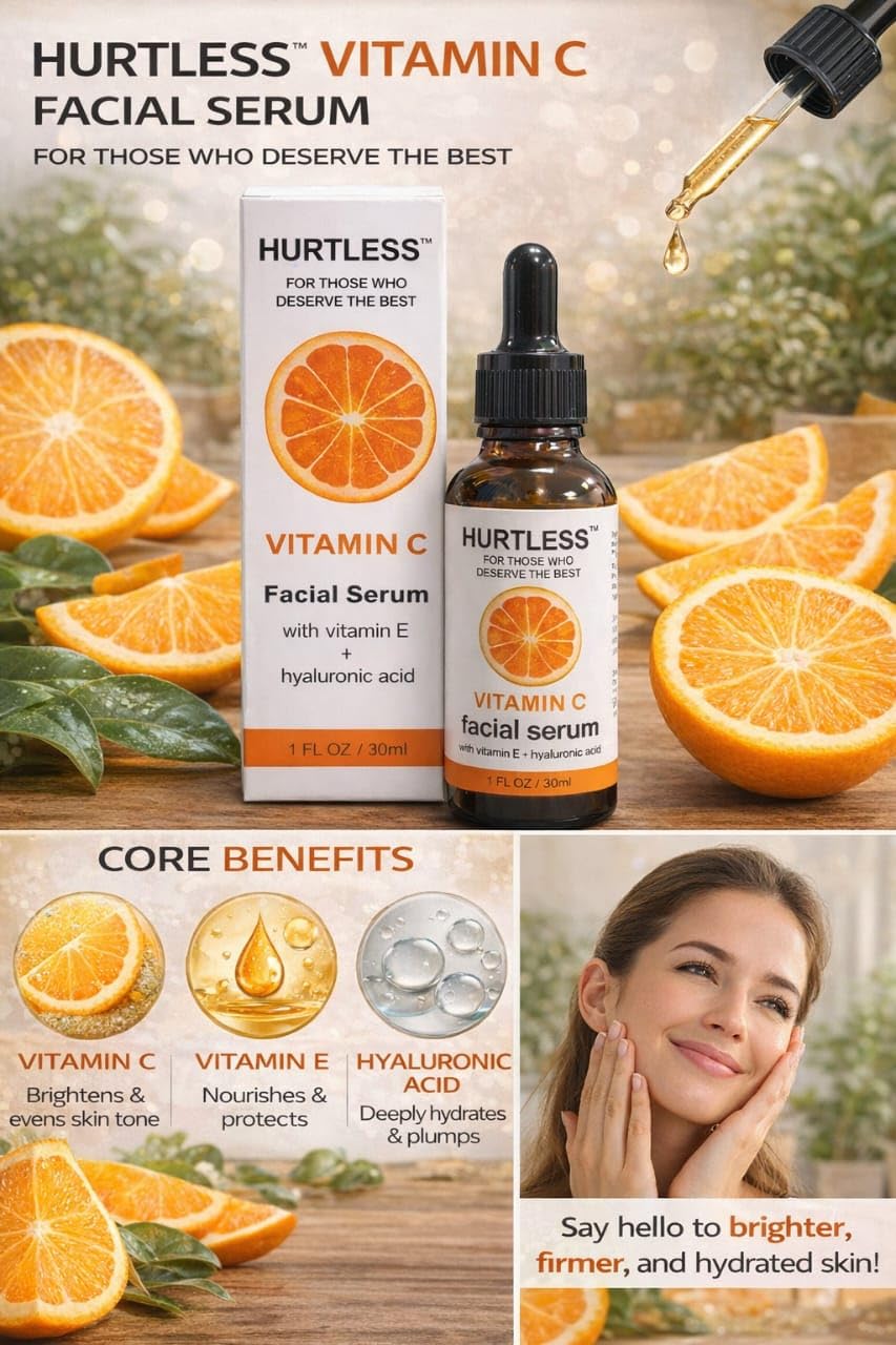 HURTLESS Vitamin C Face Serum with Hyaluronic Acid, Brightening Serum for Dark Spots, Dull Skin, Hydrating, Fragrance Free, Fast Absorbing, Cruelty-Free Skin Serums for Dry Skin- 30 ml / 1.01 fl oz
