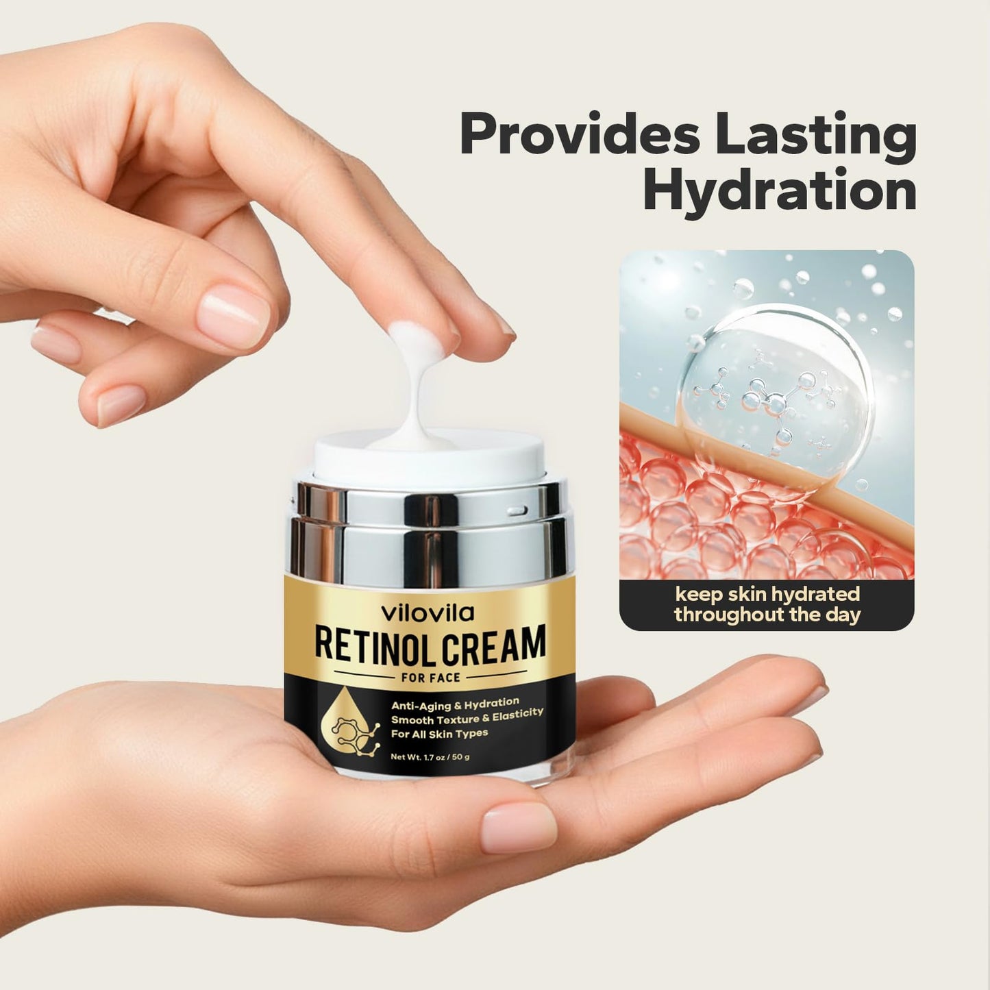 ViloVila Retinol Cream For Face (1.7 Oz), Retinoids For Facial, Anti Aging Face Cream with Retinol & Hyaluronic Acid, Day & Night Facial Moisturizer for Women & Men, Hydrating Creams for Fine Lines