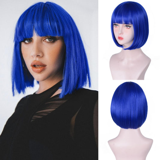 Aida ble Blue Bob Wigs - 12'' Short Bob Wigs for Women Blue Bob Wig With Bangs Super Soft and Easy to Wear Straight Bob Wig, Colorful Synthetic Wig for Daily, Cosplay, Halloween
