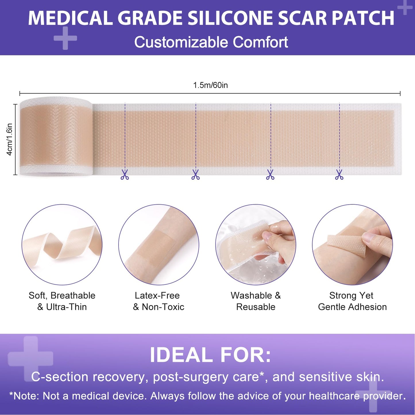 Silicone Scar Sheets,Silicone Scar Tape 1.6'' x 60'',Reusable Professional Silicone Scar Sheet for Surgical Scars,Tummy Tuck, Keloid, Burn, Acne,C-Section