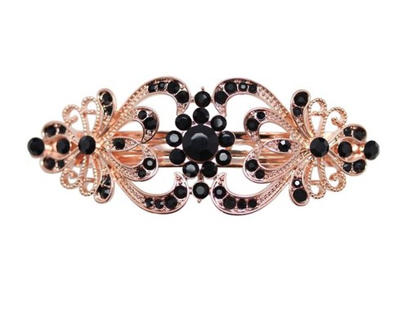 Faship Black Crystal Rose Gold Plated Hearts And Floral Hair Barrette