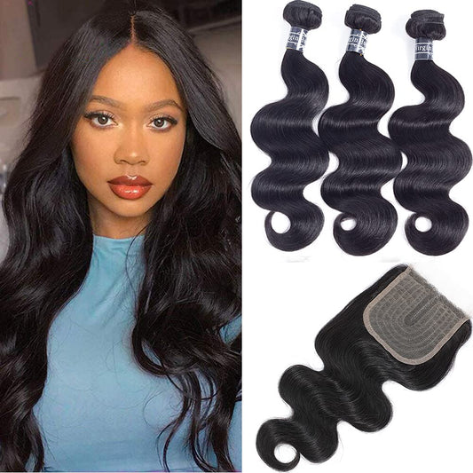 Amella Hair Brazilian Virgin Remy Body Wave Bundles with T Part Closure 4x0.75 Middle Part(12 14 16+12) 8A Body Wave Human Hair 3 Bundles with Closure T-Part Lace Closure Human Hair for Black Women