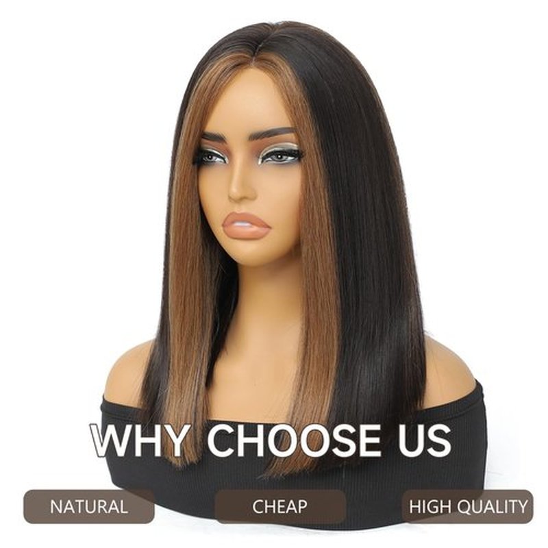 Highlight Bob Wigs Skunk Stripe Bob Wigs Glueless Straight Wigs For Women Synthetic Heat Resistant Fiber Hair long bob wig Middle Part Skunk Stripe Bob Wigs medium length wigs for women 16inch