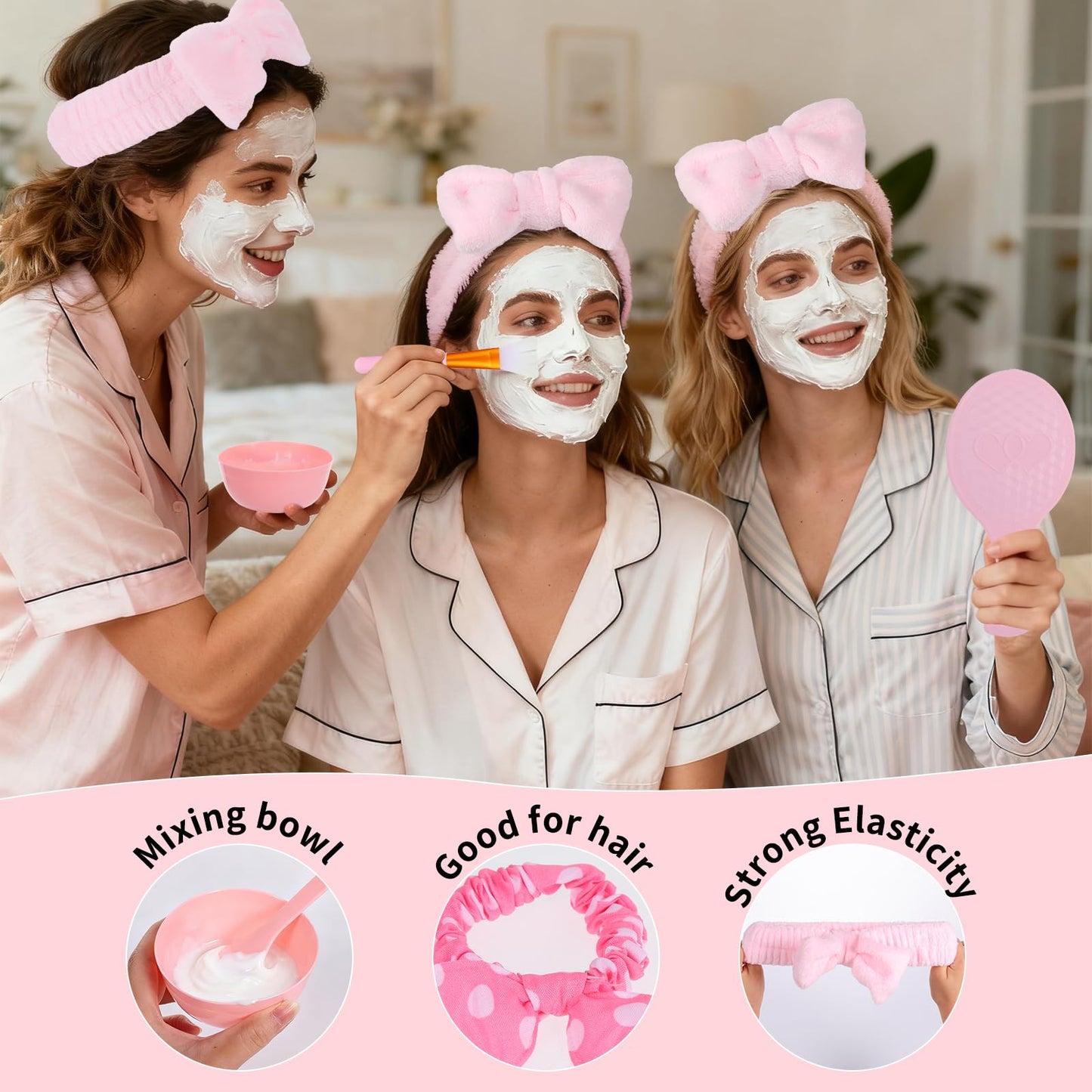64 PCS Spa Sleepover Party Favor Supplies for Women Bulk, Include Pink Face Mask Mixing Bowl Sets, Handheld Mirrors, Combs, Headbands, Scrunchies, Cosmetic Bags for Slumber Party Supplies