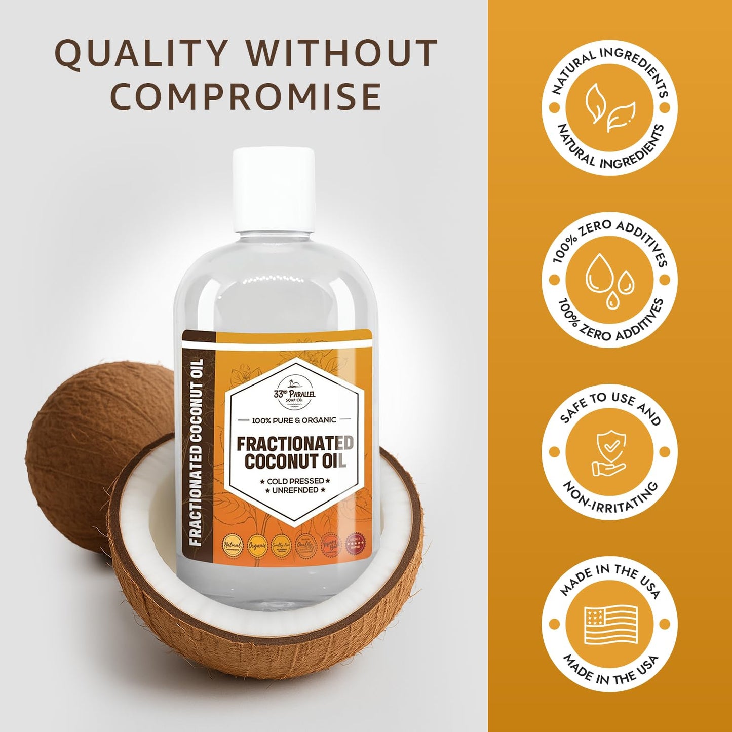 Organic Fractionated Coconut Oil (32 oz) USP Grade Non-GMO; Cold Pressed | 100% Pure Fractionated Coconut Oil for Skin, Face, Hair, Soap Making | Ideal Carrier for Essential Oils | 32 FL OZ
