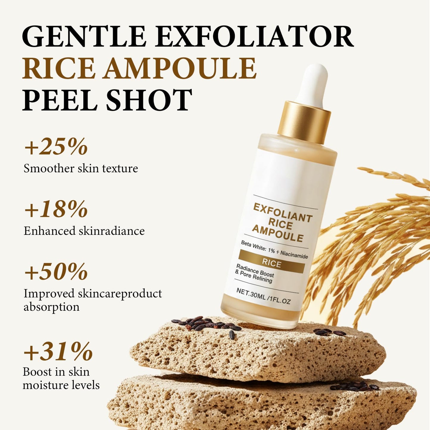 Glow Rice Peeling Ampoule, Soft Exfoliating Face & Body, Peel Shot Glow Scrub, Remove Dead Skin Cells Serum, Gentle Hydrating Formula for All Skin Types, 30ML