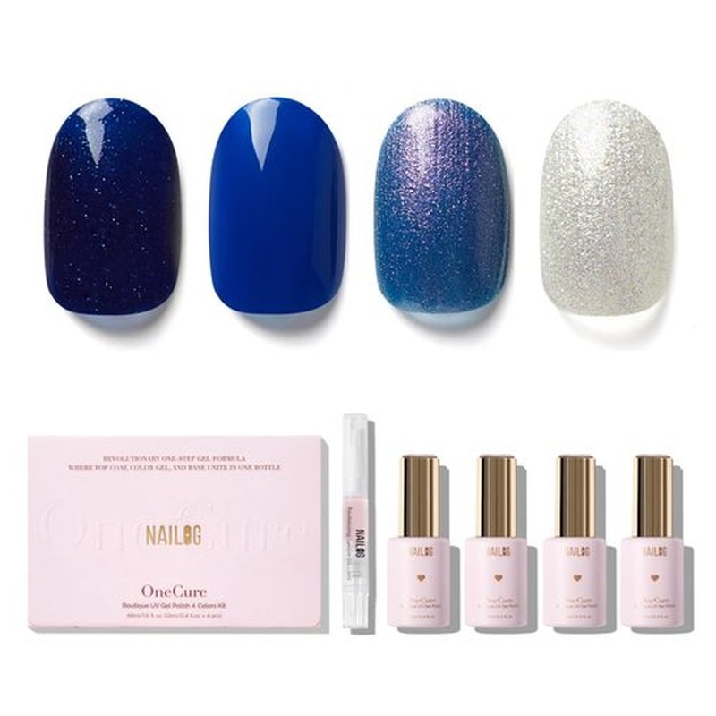 NAILOG Gel Nail Polish Set - 4 Colors Top Coat Color Gel Base 3-In-1 Soak Off UV Gel Polish Kit for Home DIY & Birthday Gifts for Women | Deep Blue, Shimmery Blue, Duochrome, Holographic