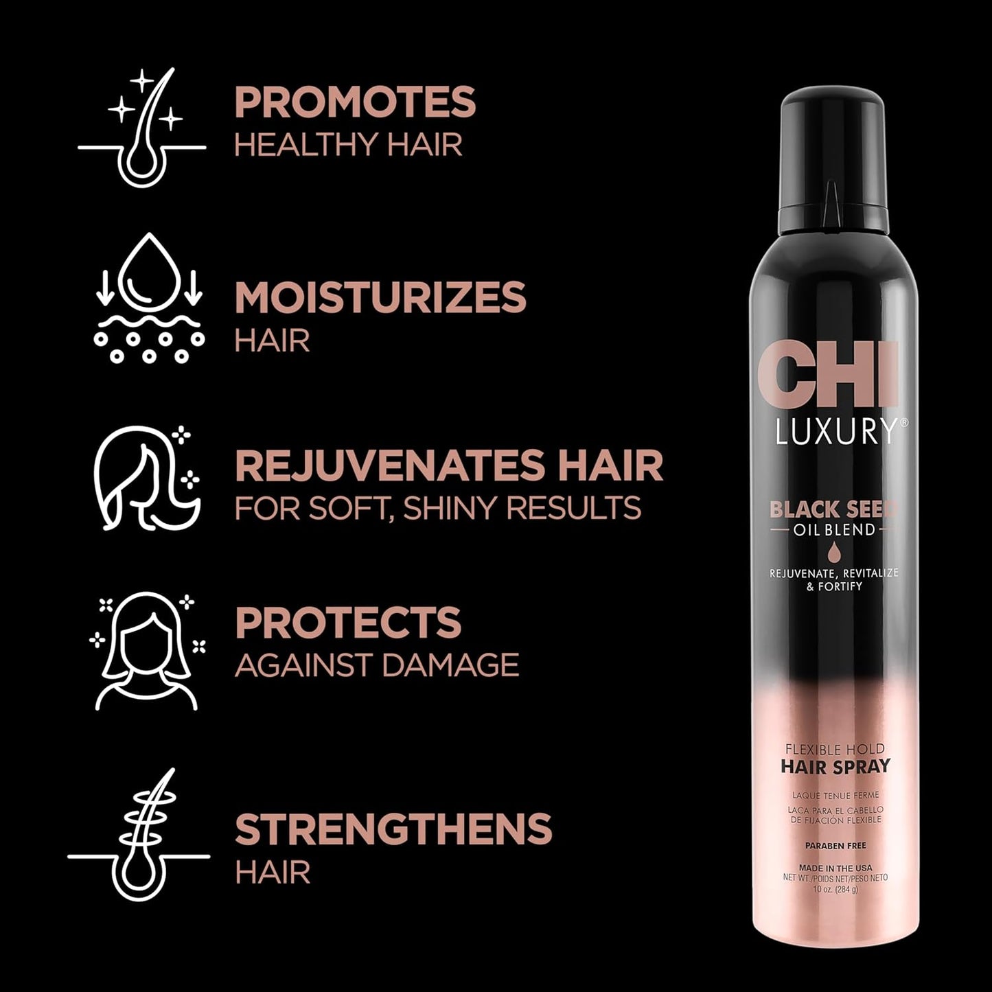 CHI Luxury Black Seed Oil Flexible Hold Hairspray, Adds Hair Texture & Volume, Natural Hold, Sulfate, Paraben & Gluten-Free, 10 Oz