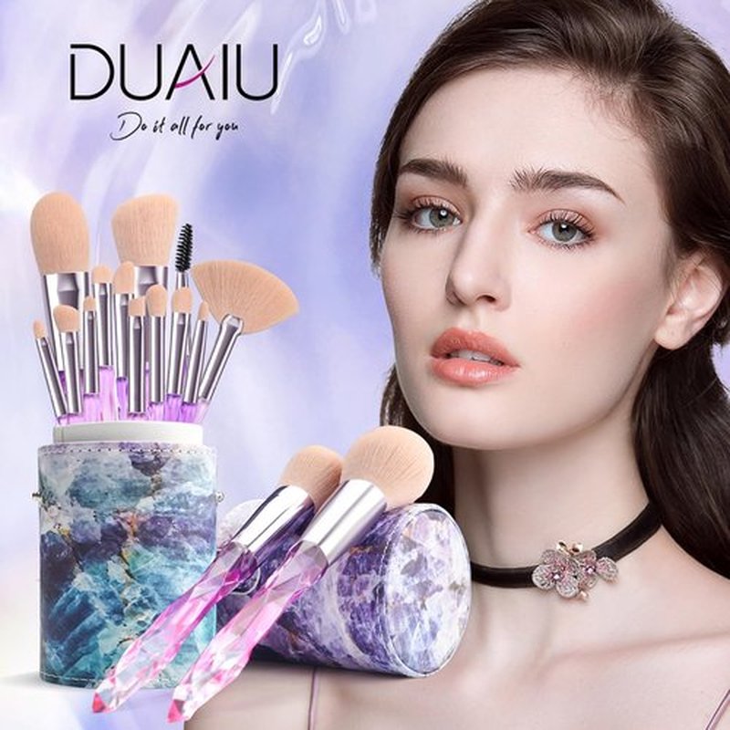 DUAIU Makeup Brushes 15pcs Premium Synthetic Bristles Crystal Handle Set Kabuki Foundation Brush Face Lip Eye Makeup Brush Sets Professional with Starry Gift Box (Pink)