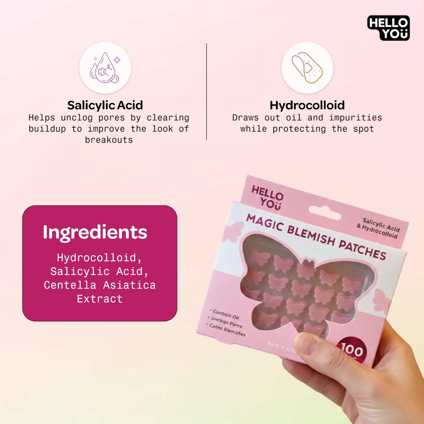Hello You Salicylic Acid Pimple Patches For Face - Oil Absorbing Hydrocolloid Spot Covers For Breakout-Prone Skin - Dermatologist Tested, Korean Skin Care - Clean Beauty, Vegan 100 Pcs