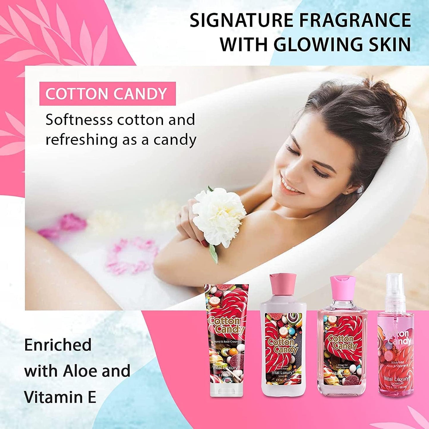 Vital Luxury Cotton Candy Bath and Body Gift Set - 4-Piece Travel Kit with Body Lotion, Shower Gel, Body Cream & Fragrance Mist (3 Fl Oz) - Natural Extracts, Personal Self Care Kit for Women/Men