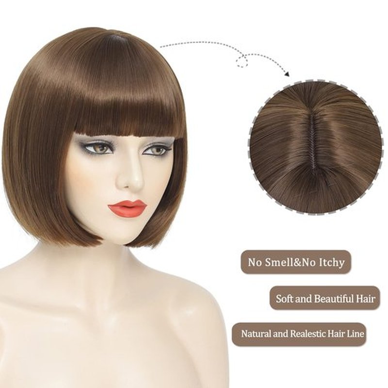 YBYMCAI Brown Bob Wig With Bangs Short Light Brown Bob Wigs For Women Straight Bob Bangs Wig 10 Inch Heat Resistant Synthetic Hair Natural Looking For Daily Party Use