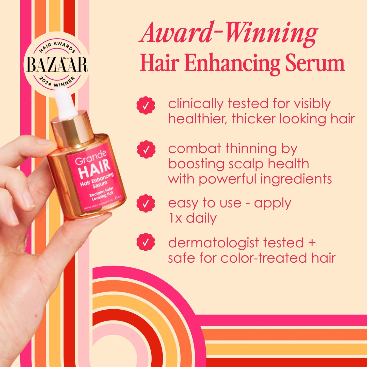 Grande Cosmetics GrandeHAIR Enhancing Hair Serum - for Men & Women, for Fuller & Thicker-Looking Hair in 8 weeks, Safe for Color-Treated Hair (40 mL)