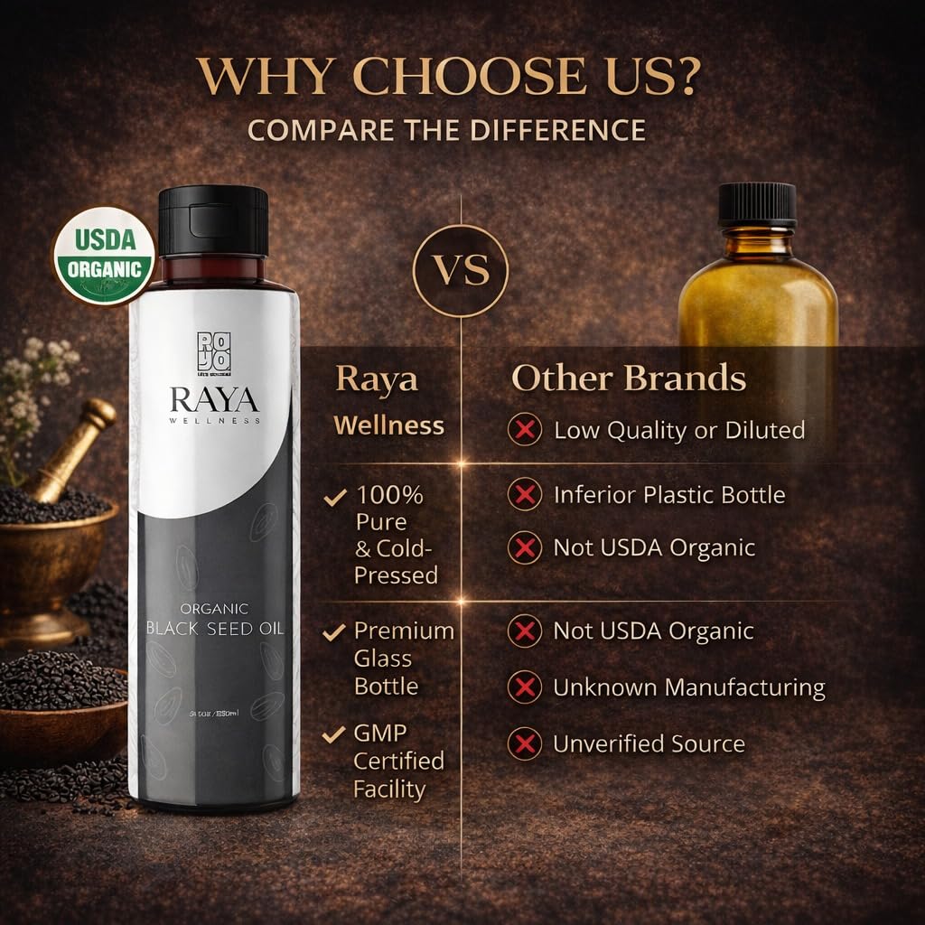 RAYA WELLNESS - USDA Organic Black Seed Oil (Nigella Sativa) - Cold Pressed - Hexane Free - 8 fl oz (237 ml)