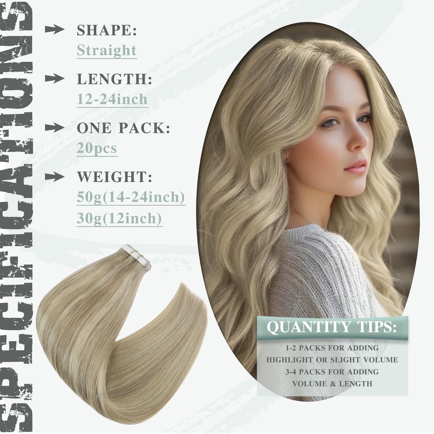Ve Sunny Blonde Tape in Hair Extensions Highlight Tape in Extensions Ash Blonde Highlights Light Blonde Tape in Hair Extensions for Women 50g 20pcs 14inch